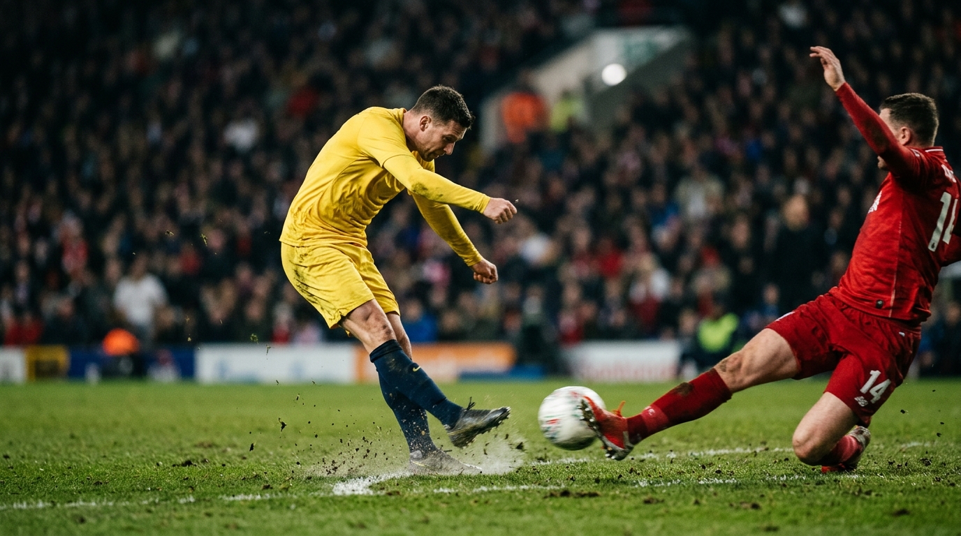 Football midfielder in yellow passing under floodlights as a defender slides in