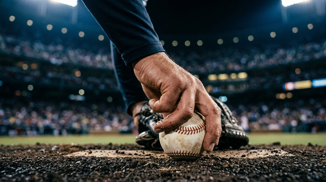 Close-up of a pitcher's hands gripping a baseball on the mound under stadium floodlights