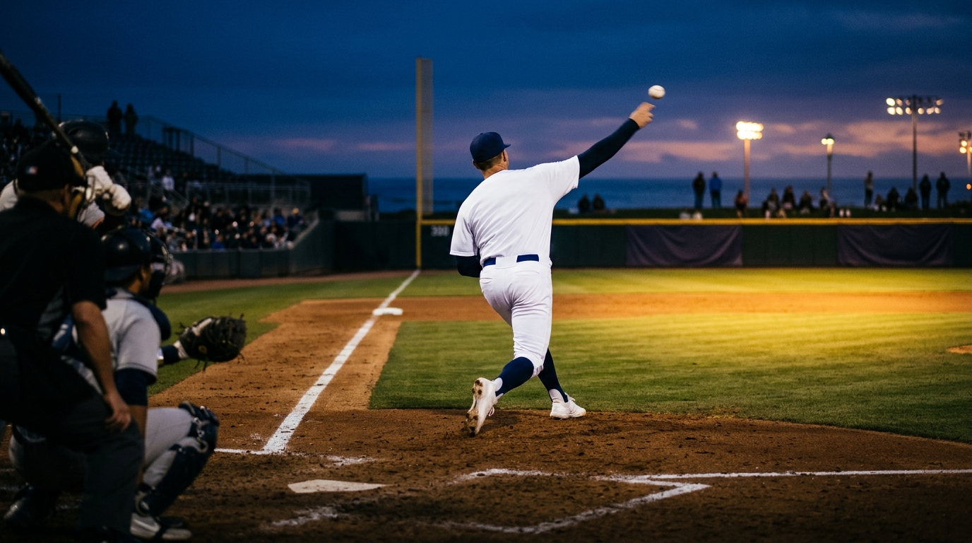 Pitcher delivering a ball from the mound at dusk in a coastal ballpark