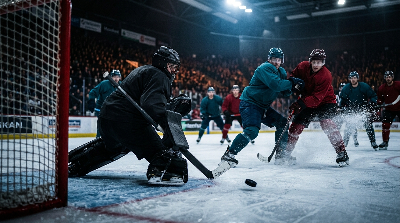 Low-angle rink shot of a goaltender tracking the puck as skaters converge in front of the net