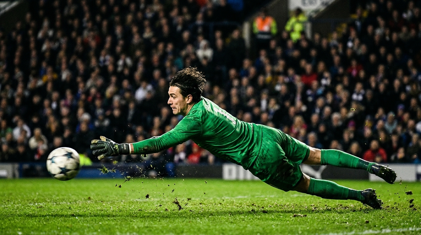 Goalkeeper diving to save a shot during a football match