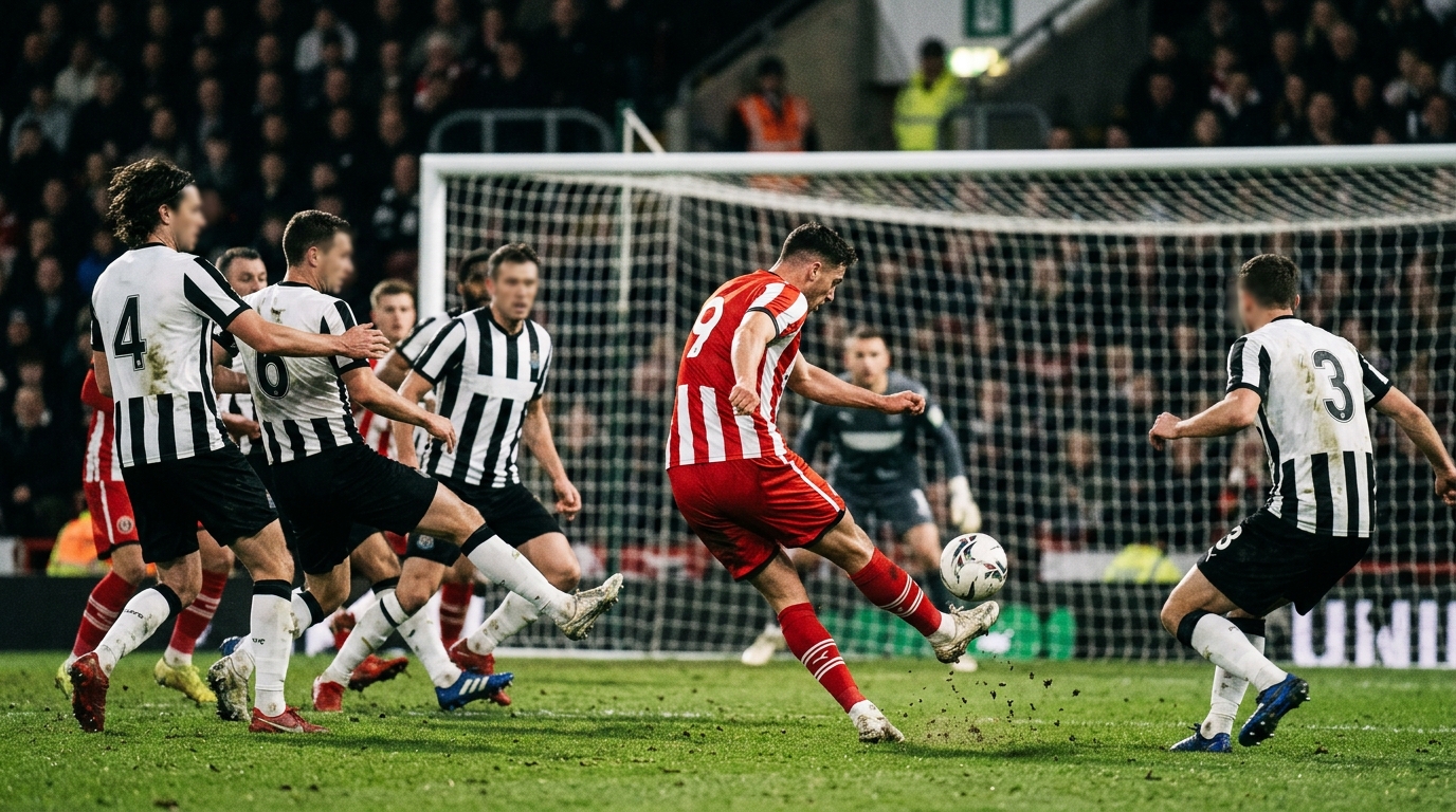 Striker in a generic red-and-white kit shooting under pressure in a crowded penalty area