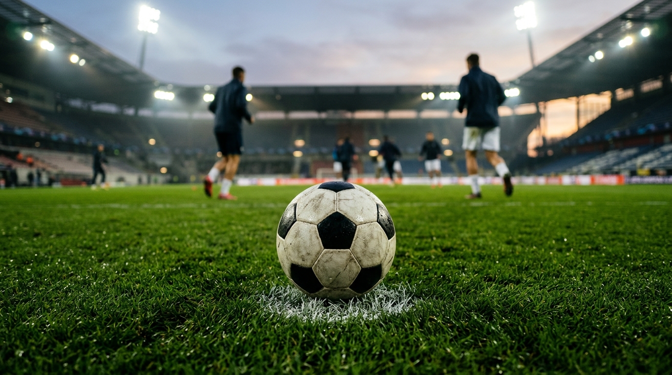 Football on the penalty spot under floodlights before a Serie A match