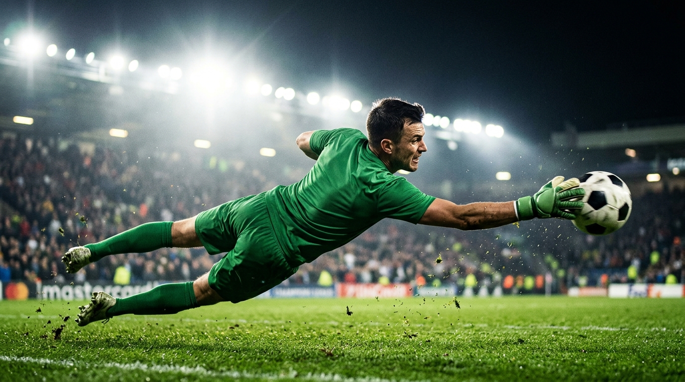 Goalkeeper diving to save a low shot under stadium lights