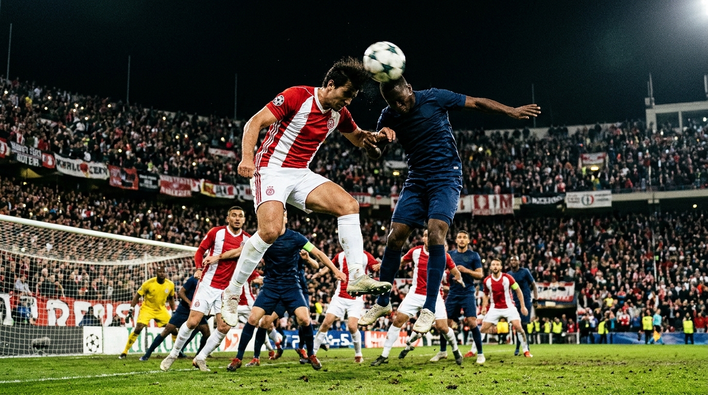 Two football players jumping for a header in the box