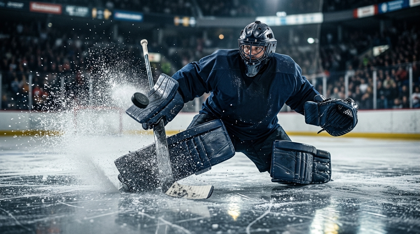 Hockey goalie making a save during a game