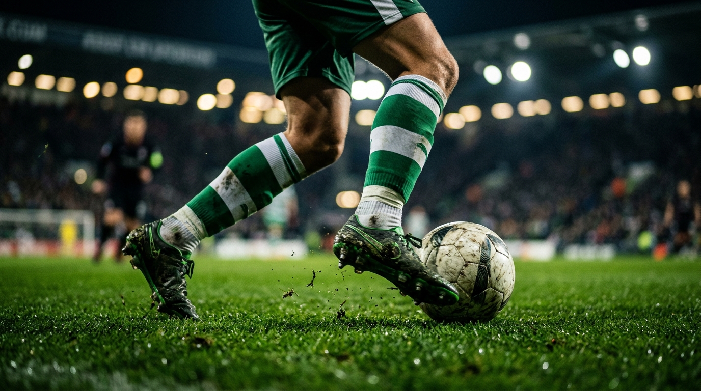 Football player dribbling ball on grass with stadium lights in background