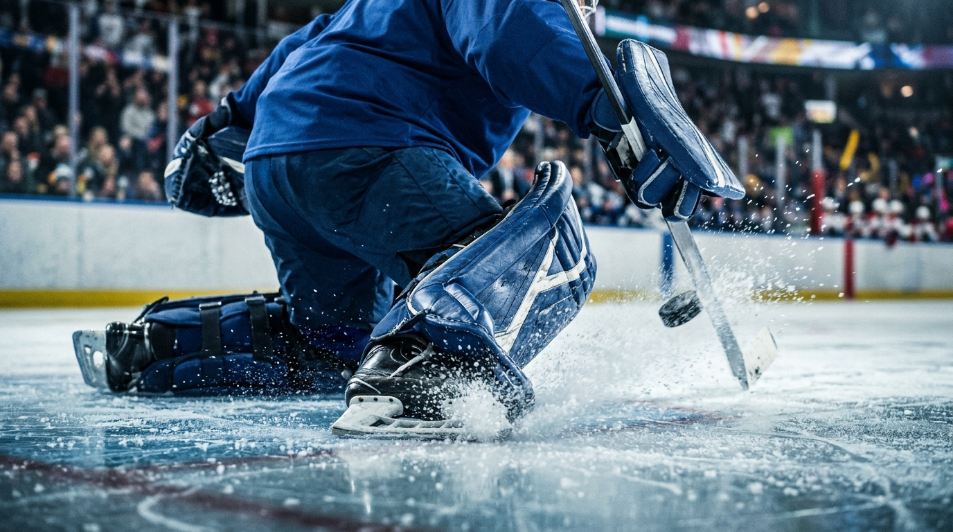 Hockey goaltender in blue pads making a save with ice spray.