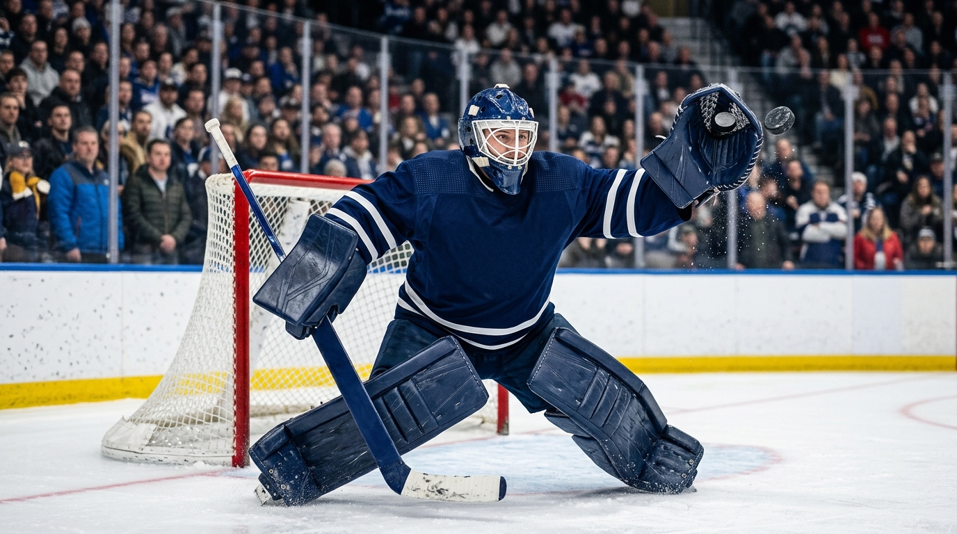 Hockey goaltender makes a glove save during a game