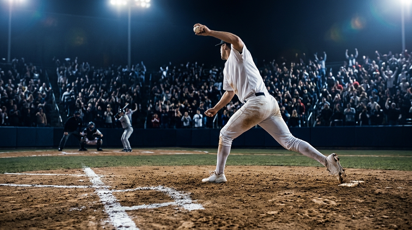 Pitcher mid-windup on the mound under stadium lights during a postseason baseball game