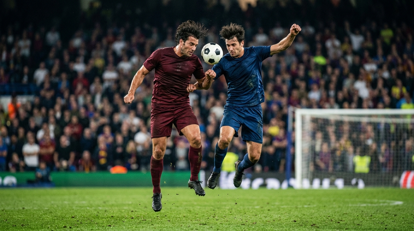 Two footballers contesting a header under floodlights in a tight Serie A match