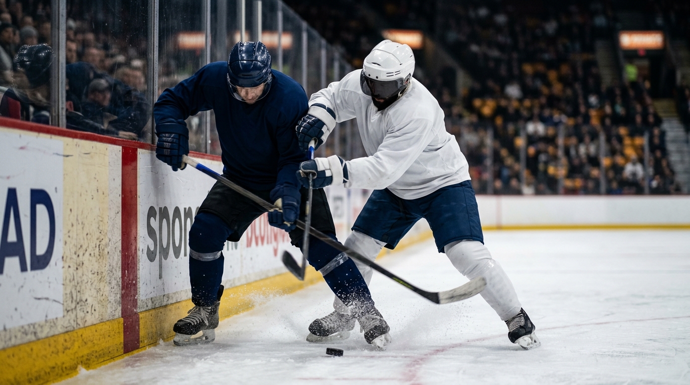 Two anonymous hockey players battling for the puck along the boards