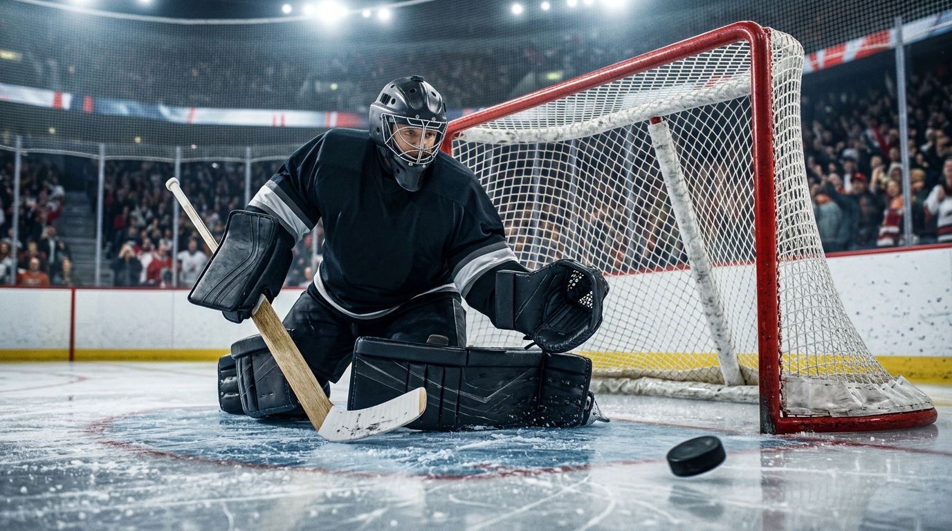 Hockey puck sliding toward the net with a goalie in position, bright arena lighting.