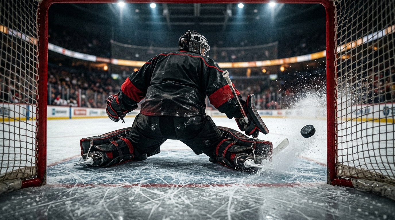 A goaltender in unbranded gear crouches in the crease as a puck flies toward the net under arena lights.