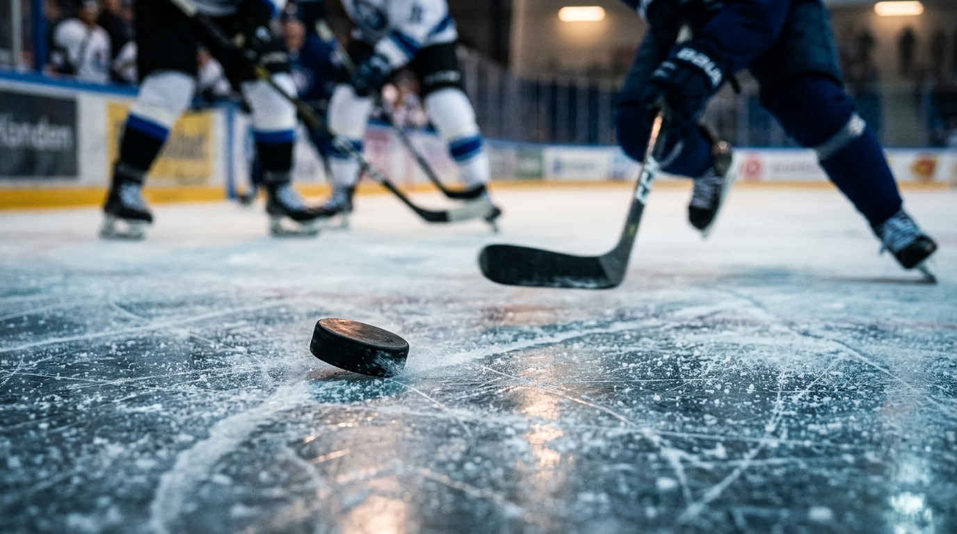 Hockey puck sliding on ice during an NHL game