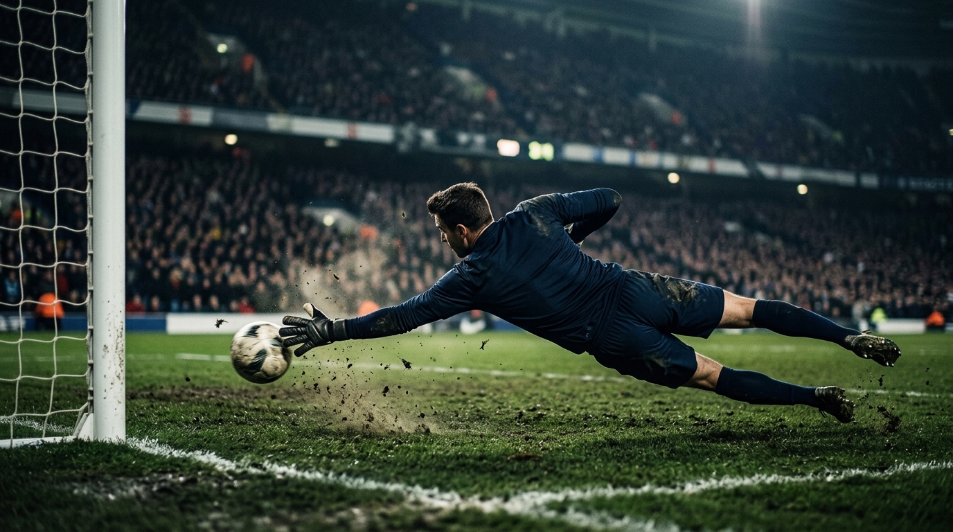 Goalkeeper diving to save a low shot under floodlights