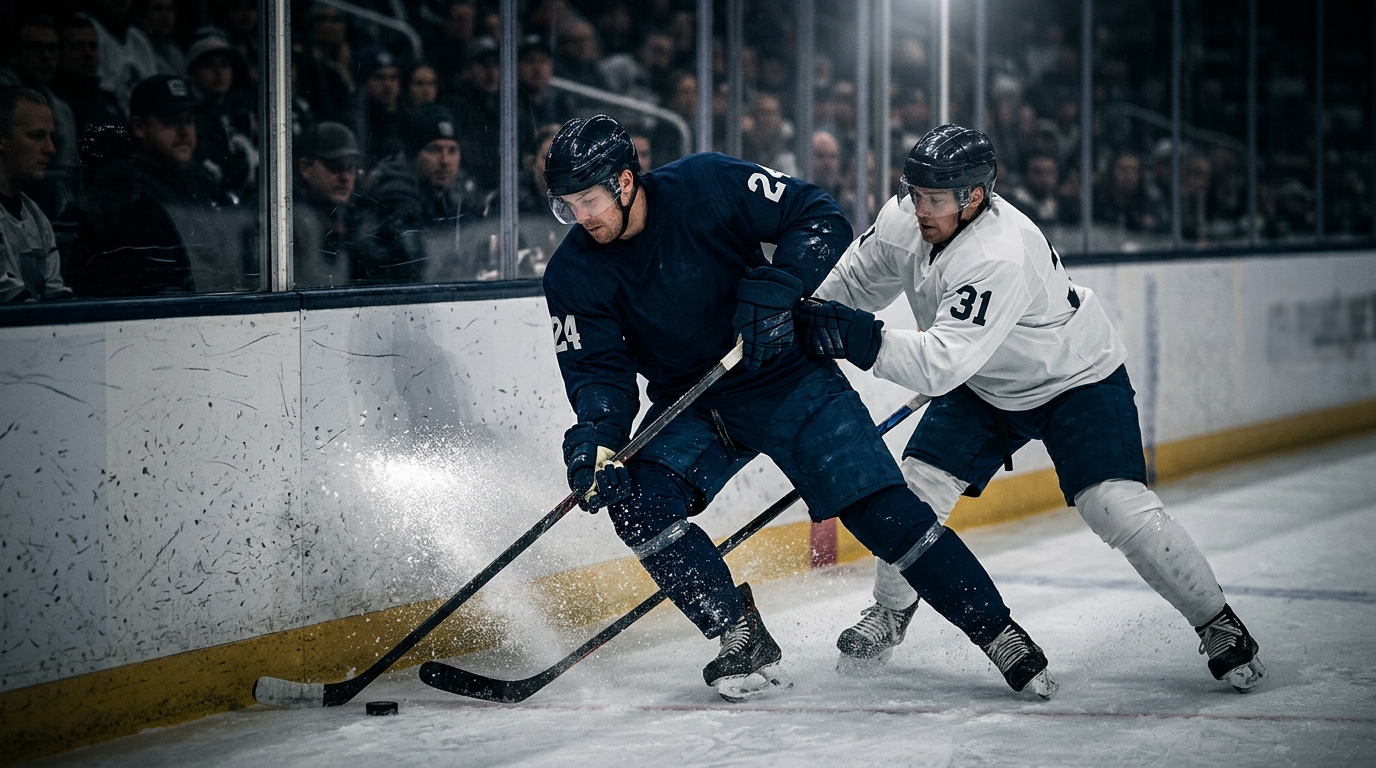 Two anonymous hockey players battling near the boards during an NHL game, ice spray visible under arena lighting.