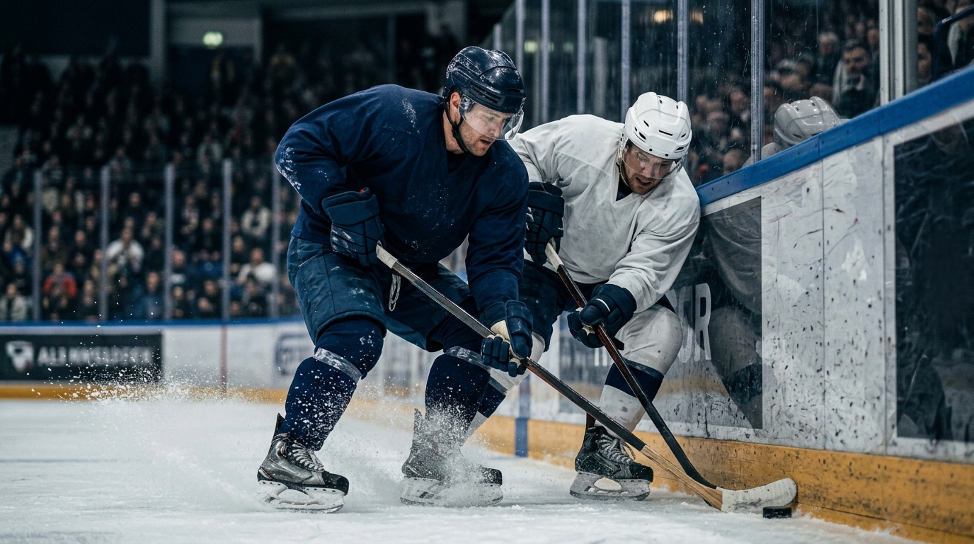 Two professional hockey players in generic dark and light jerseys battle for the puck along the boards at ice level