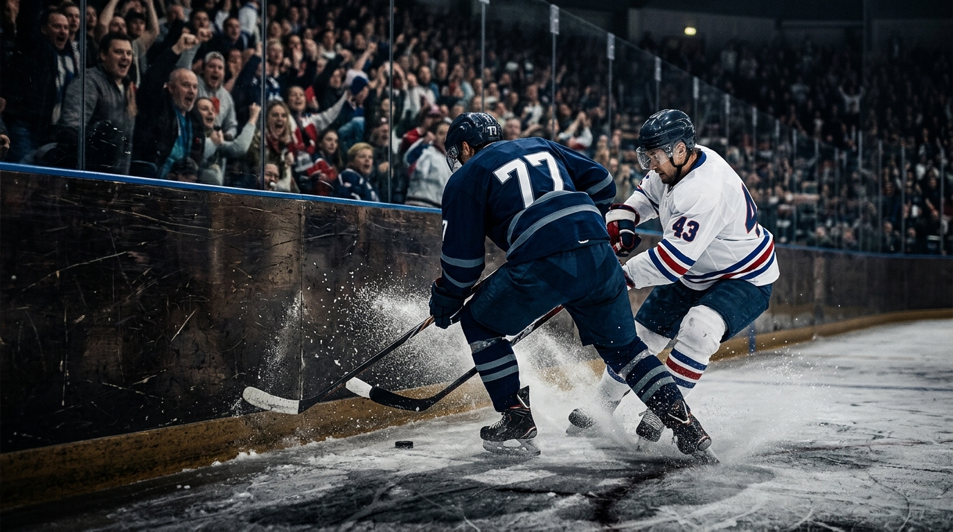 Two hockey players in generic uniforms battling for the puck along the boards during a night game