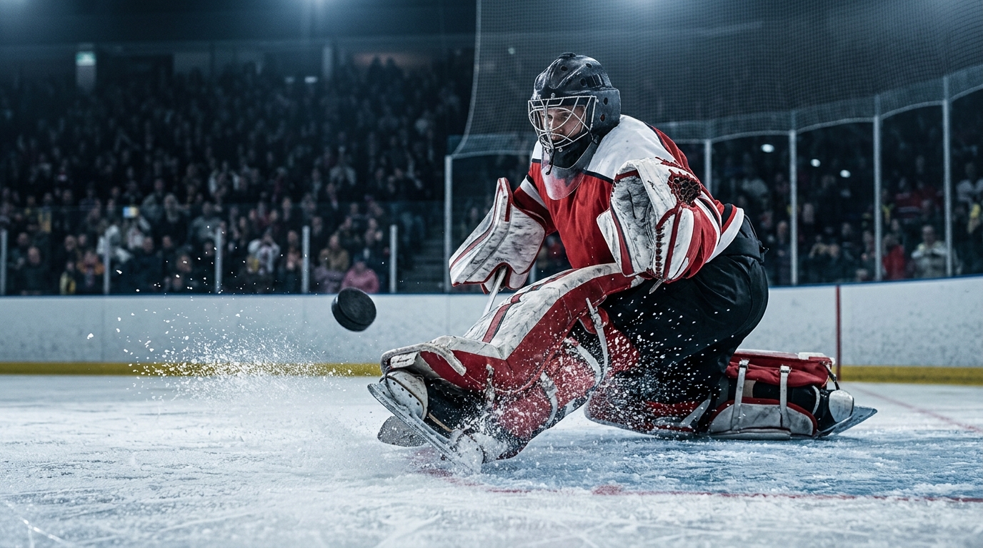 A goaltender in generic gear makes a pad save during an NHL-style game