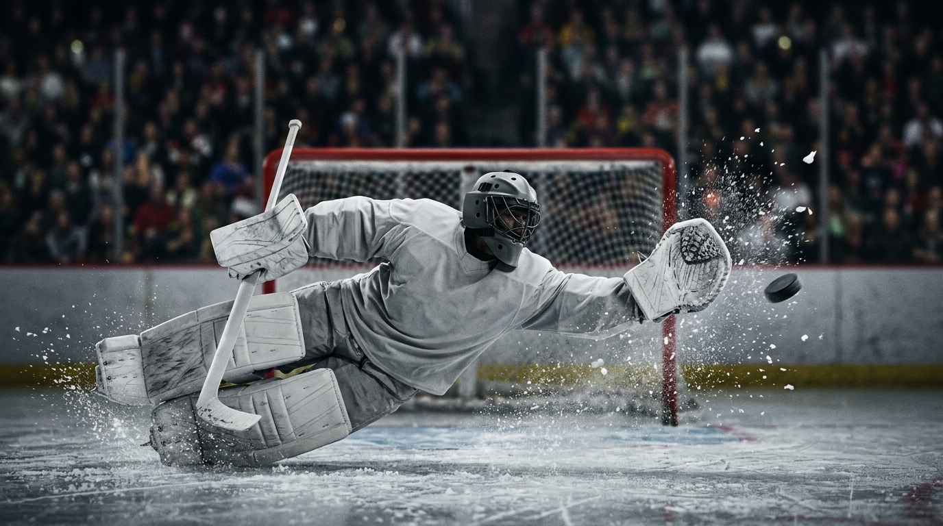 Goaltender making a sprawling save during an NHL game