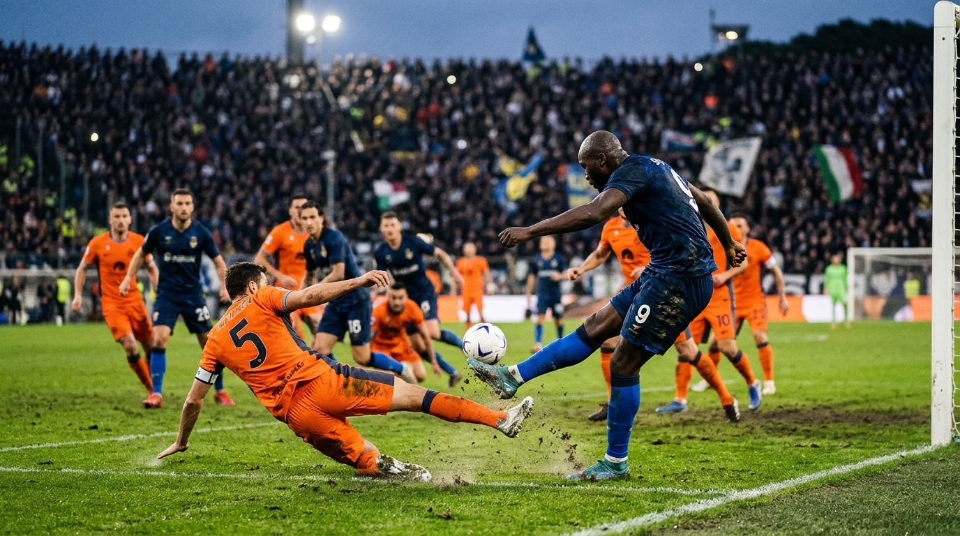 Striker in dark blue shooting inside a crowded penalty area under floodlights