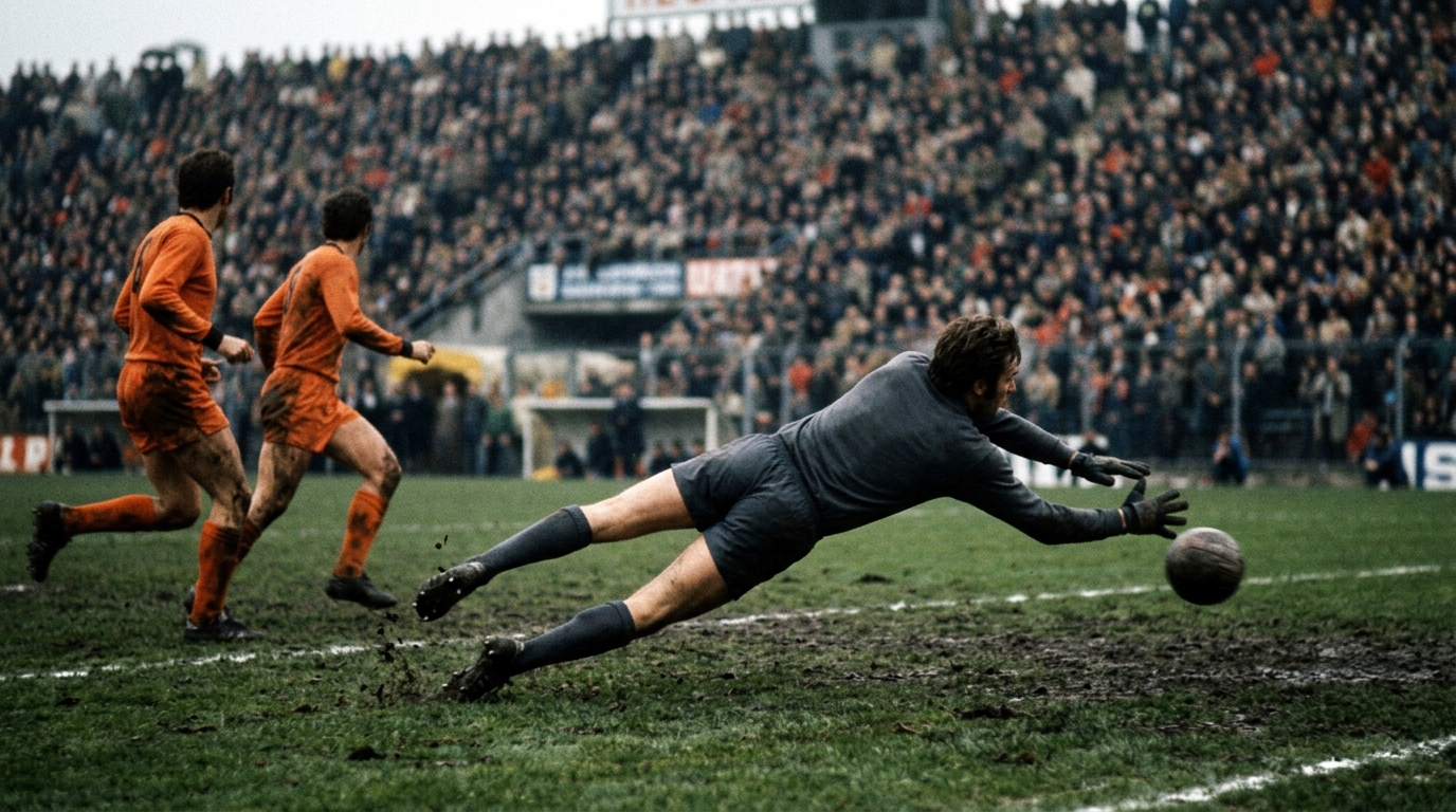 Goalkeeper diving to make a save during a match at a compact Italian stadium