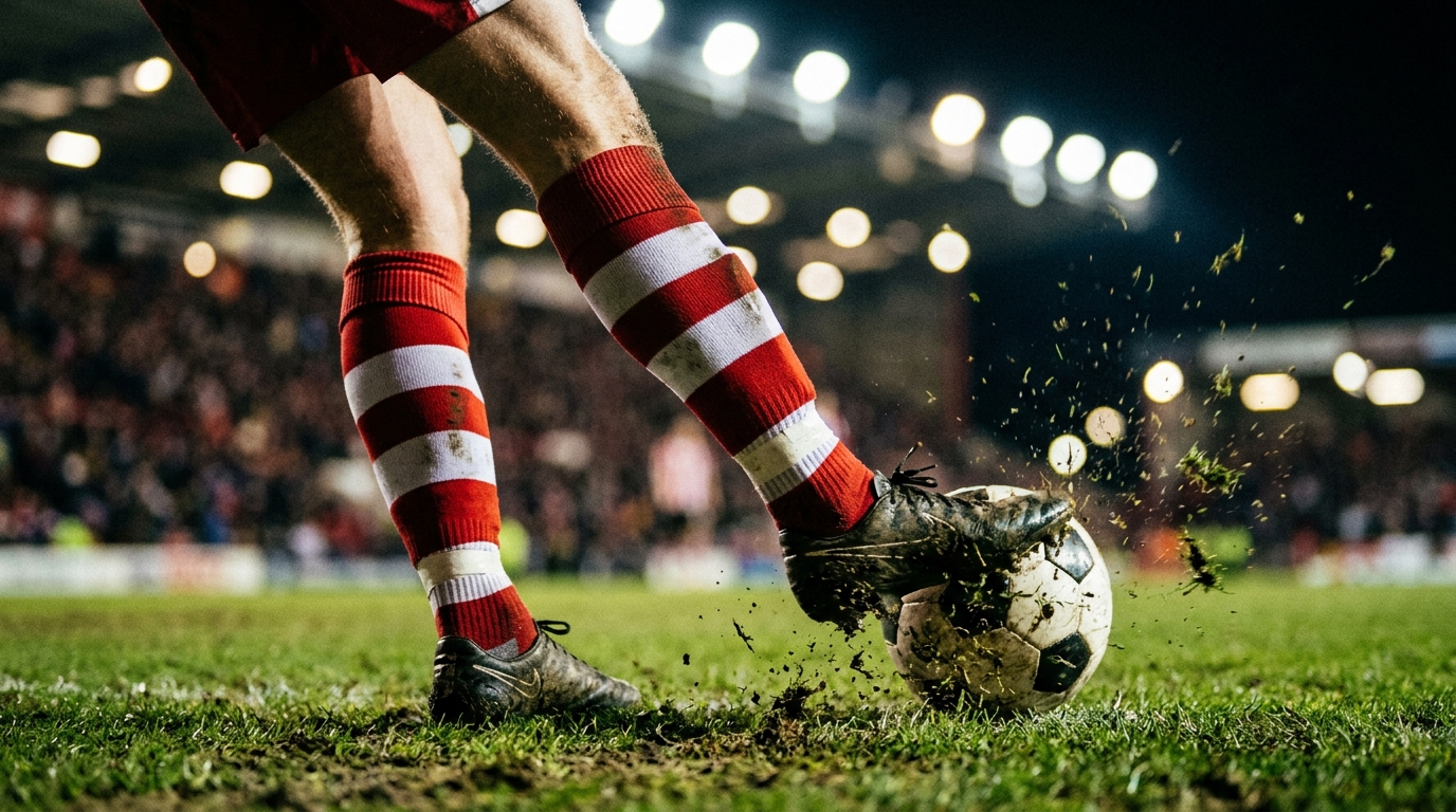 Football player striking the ball during a match