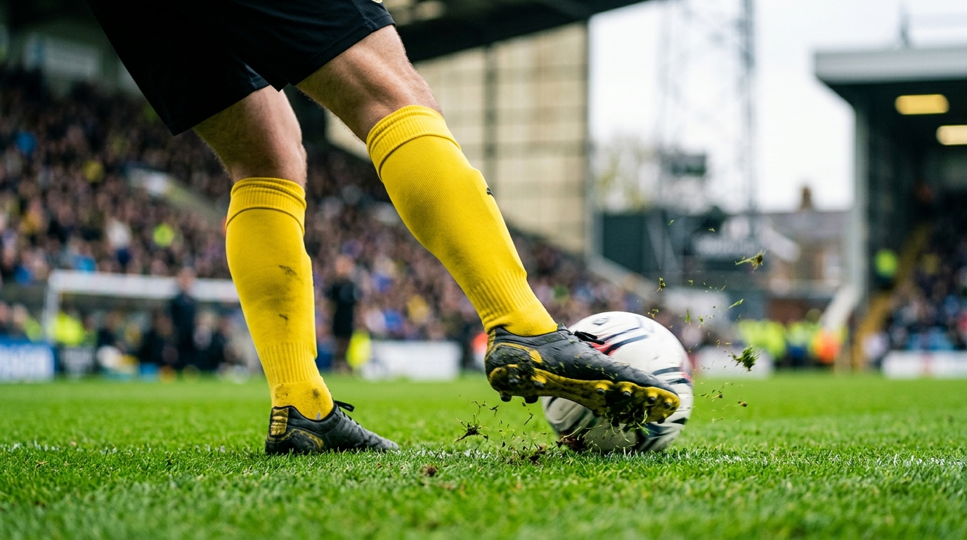 Football player striking the ball during a match