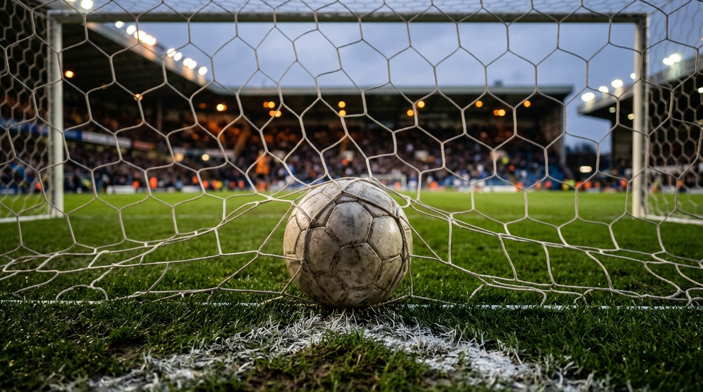 Football on the goal line inside the net with a blurred stadium background
