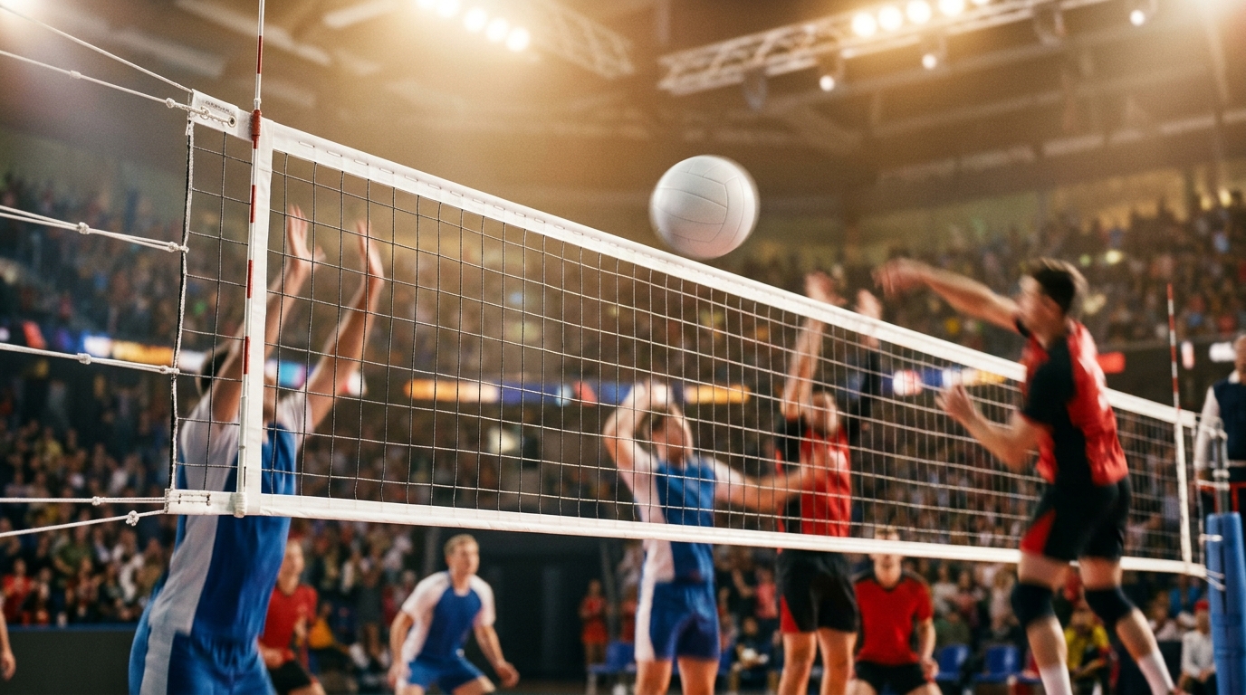 Volleyball net and players in action during a match.