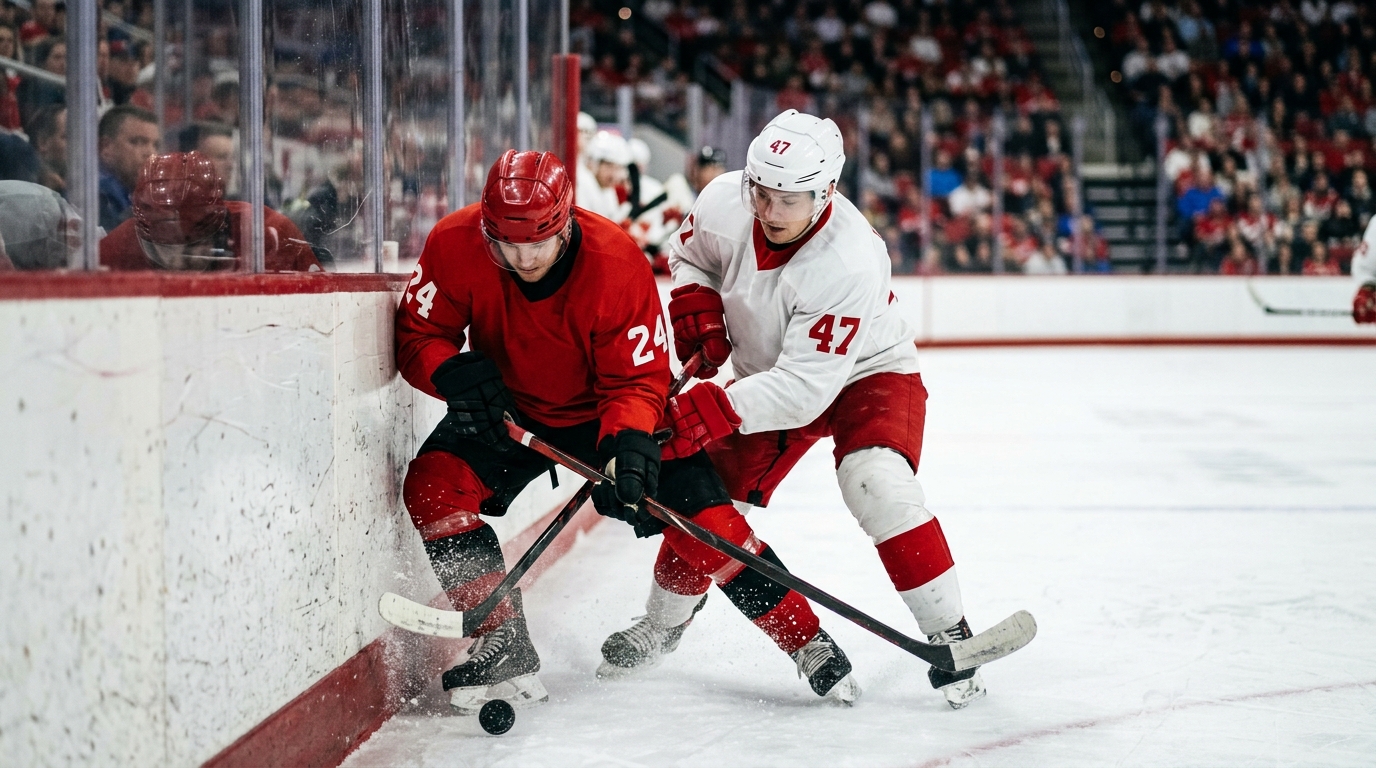 Two hockey players in contrasting jerseys battling for the puck along the boards in an NHL arena