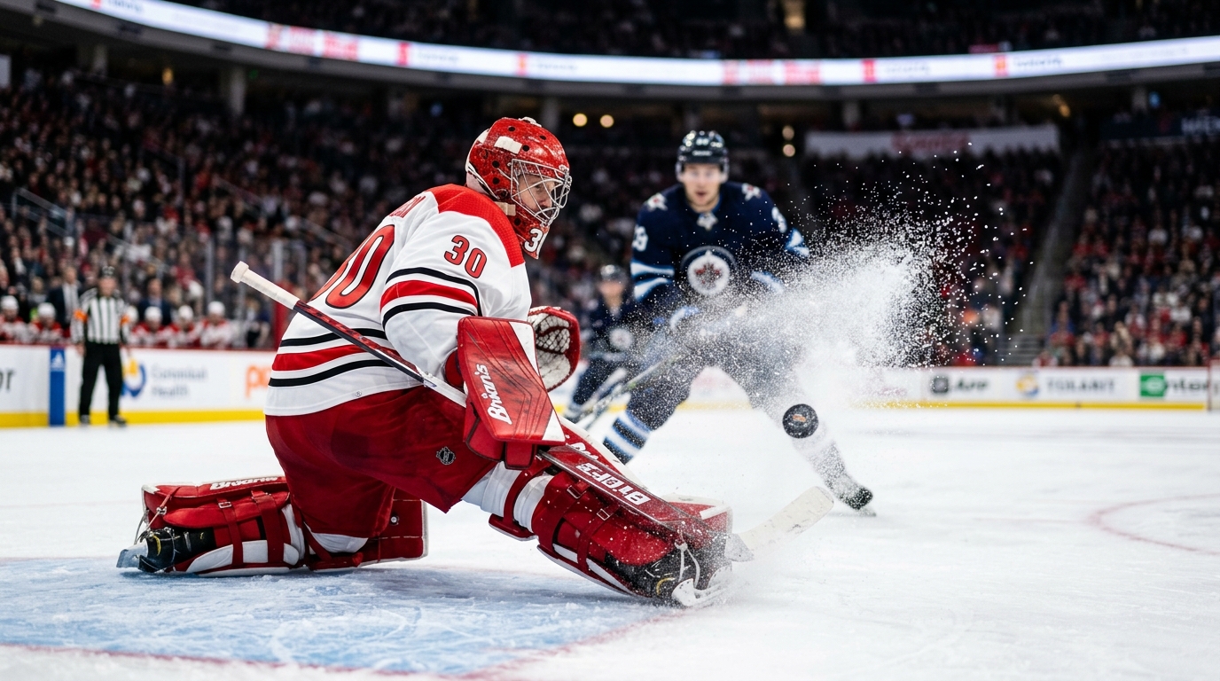 A goaltender in red and white makes a save during an NHL game.