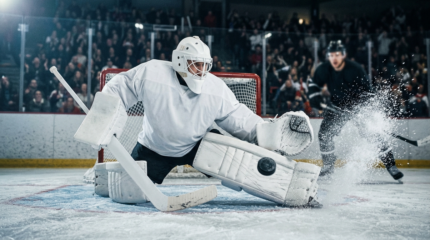 Generic goaltender in a plain white uniform makes a pad save during an NHL game